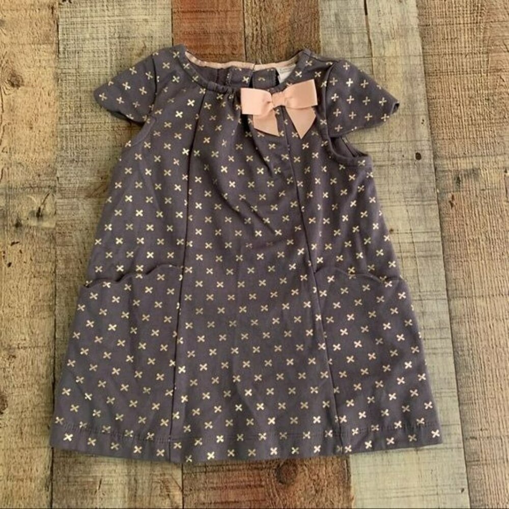 Catherine Malandrino girls Dress in gray metallic gold scalloped pockets sleeves